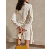 Dadizhimu A White V-Neck Banquet French Famous Style Dress Girded Long Sleeve Skirt