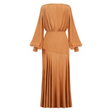 Dadizhimu Women's Deep V Shoulder Decoration Trumpet Sleeves Under The Open Fork Elegant Long Dress