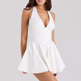 Dadizhimu Hot Girl Wind Dark V Solid Dress 2025 New Fish Bone Collar Lumbar Thin-Necked Dress Woman Summer