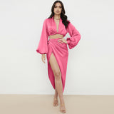 Dadizhimu Deep V-Navel Top High Open Skirt Set Satin Night Shop Sexy Dress