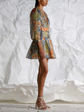 Dadizhimu Retro-Print Dress 2025 New Temperament V Tie Collar Collar Slimming Short Skirt Woman