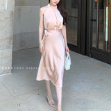 Dadizhimu Famous Lady Niche Design Gold Powder Champagne Top Tied With High-Waist Skirt Suit Female Summer