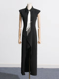 Dadizhimu 2025 New High-End Sense Collar Hollow Open-Fork Temperament Black Dress Tie Long Dress Woman Trend
