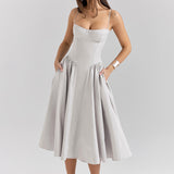 Dadizhimu Women's Clothing On The New Hot Girl Sexy V Tie Slings Mid-Length Dress To The Waist Showing Thin Back Dress