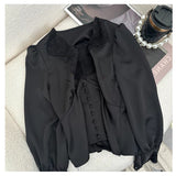 Dadizhimu White Temperament French Fascling Embroidery Lace V Collar Court Sleeve Soft Beauty Top Shirt