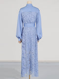 Dadizhimu 2025 New Women's Fashion Flip Lantern Long Sleeve Single Buckle Belt Lace Long Temperament Dress Woman