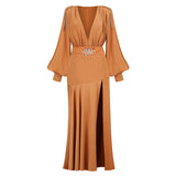 Dadizhimu Women's Deep V Shoulder Decoration Trumpet Sleeves Under The Open Fork Elegant Long Dress