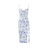 Dadizhimu Sexy Print Sling Dress Summer Women Decorate Back Open Broken Flower Dress Woman