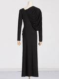 Dadizhimu Temperament Asymmetric Slimming Dress 2025 New V-Neck Design Pressure Fold Solid Color Dress Woman