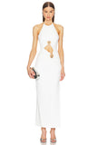 Dadizhimu Women's Sexy Hanging Neck-Laught White Long Skirt Ring Hollow Banding Dress