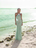Dadizhimu Women's Seaside Resort Design Sense Hanging Neck Sling Green Dress Heavy Fishtail Skirt