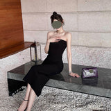 Dadizhimu Temperament Folded Thin Elastic Brush Chest Open Fork Dress Solid Color Dress Shoulder Small Dress Dress