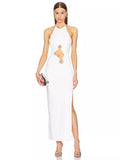 Dadizhimu Women's Sexy Hanging Neck-Laught White Long Skirt Ring Hollow Banding Dress