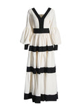 Dadizhimu V-Neck Lantern Sleeve Dress 2025 New Niche Colliding Color Design Long-Term Waist Dress Women's Summer