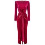 Dadizhimu Women's Fashion Round Collar Velvet Long Dress Tight Open Fork Dress Dress Long