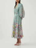 Dadizhimu Lantern Sleeve Long Dress 2025 New Waist Thin Design Retro Print Dress Women's Summer