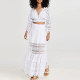 Dadizhimu Trendy Two-Piece Set 2025 New Fashion V-Neck Lace Embroidered Horn Sleeve Top + High-Waisted Long Dress