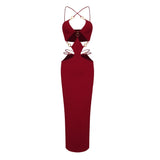 Dadizhimu Hottie Sexy Bag Hip Dress Metal Ring Hanging Neck Sling Bare Back Hollow Bandage Dress Dress Dress