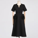 Dadizhimu Wind V-Neck Waist-Skinny Dress 2025 New Niche Design Sense Splicing Three-Dimensional Flower Dress Woman