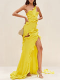 Dadizhimu Wind One-Shoulder Dress Dress 2025 Summer New Splicing Wood Ear Slim Slim Open Fork Dress Woman