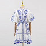 Dadizhimu Style Single Row Buckle Bubble Sleeve Skirt 2025 New Retro Embroidery Sketch Design Short Dress Women's Summer