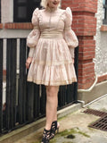 Dadizhimu Retro High-End Short Dress 2025 Summer New Fashion Collar Lantern Sleeve Mesh Waist Dress Dress Woman