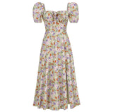 Dadizhimu Women's Dress French Fashion Elegant Floral Long Dress Female Bare Backs Open Fork Bubble Sleeve Dress
