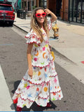 Dadizhimu Spring And Summer Australian National Wind Wave Side Lead Flying Sleeves Short-Sleeved Rope Waist Color Printed Dress