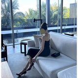 Dadizhimu Temperament Folded Thin Elastic Brush Chest Open Fork Dress Solid Color Dress Shoulder Small Dress Dress