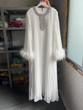 Dadizhimu And Autumn 2024 New Round-Necked Nail Pearl Feather Cuffs 100-Fold Loose Mid-Long Dress Dress Dress Women's Leisure