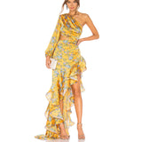 Dadizhimu Women's Fashion Sexy Body Repair Kite Skirt Slant Shoulder Crumid Flowers Irregular Lotus Leaf Dress Woman
