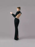 Dadizhimu 2025 New Fashion Temperament Diamond Design Sense Slimming Dress Black Big Show Back Dress