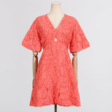 Dadizhimu Short Dress 2025 New V-Neck Embroidery Senior Feeling Waist Thin Short-Sleeved Dress Woman