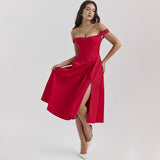 Dadizhimu Women's Spring Female Fish Bone Slings Broken Flower Dress Body Open Fork Long Skirt