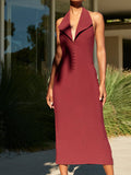 Dadizhimu Dress Women's Sexy Bare Back V-Neck Suit Medium Long Dress Tight-Fitched And Forked Hanging Neck Dress