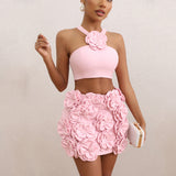 Dadizhimu Sexy Suit Top Hanging Neck Decoration Flower Skirt Temperament Women's High-End Short Dress Two Sets