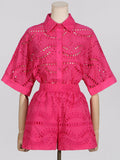Dadizhimu New Embroidery Hook Design Medium Long-Sleeved Shirt Top + Casual High-Waist Shorts Fashion Two-Piece Set Of Women