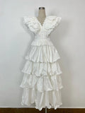 Dadizhimu And Summer 2024 New V-Neck Flying Sleeve Embroidery Splicing Wooden Ear Layer Mid-Long Dress Dress Australian Vacation