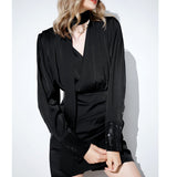 Dadizhimu Small Black Dress Design With A Sense Of The Vertiny Dress Women's New Autumn Temperament V-Necked Wrinkles Skirt
