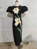 Dadizhimu Spring And Summer New Bubble Sleeves Waist Sticker Flower Embroidery Black Dress Women Fashion