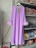 Dadizhimu And Autumn 2024 New Round-Necked Nail Pearl Feather Cuffs 100-Fold Loose Mid-Long Dress Dress Dress Women's Leisure
