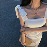 Dadizhimu Temperament White Bows And Shoulders Sexy Annual Simple Elegant Dress Bodybling Buffet Dress Dress With