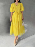 Dadizhimu Bubble Sleeves With A Thin And Lean Color Dress 2025 New Fold Design Long Dress Woman