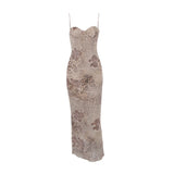 Dadizhimu Women's New Mesh Screen Print Sling Skirt Body-Dressed Temperament Open-Back Dress Floral Dress Dress