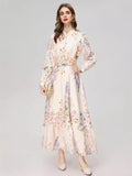 Dadizhimu 2024 New Women's Round-Neck Long-Sleeved Print Single-Dneck Belt-Sleve-Sleeved Dress With Long-Body Sweet Dress