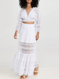 Dadizhimu Trendy Two-Piece Set 2025 New Fashion V-Neck Lace Embroidered Horn Sleeve Top + High-Waisted Long Dress