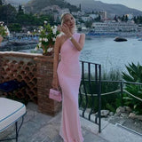 Dadizhimu Sexy Pink Oblique Shoulder Back Strap Dress French Body-Repair Seaside Dress Long