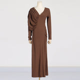Dadizhimu Temperament Asymmetric Slimming Dress 2025 New V-Neck Design Pressure Fold Solid Color Dress Woman