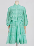 Dadizhimu Luxury Dress Women 2025 Spring New Hollow Lace Splicing Pearl Buckle Lantern Skirt