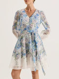 Dadizhimu Fresh Wind Printing Collar With Waist Design Short Dress 2025 New Temperament V Collar Long Sleeve Short Dress Woman